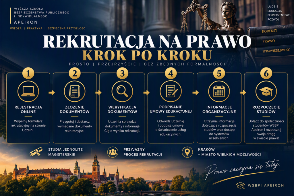 Infografika prezentująca etapy rekrutacji na kierunek Prawo w WSBPI Apeiron.