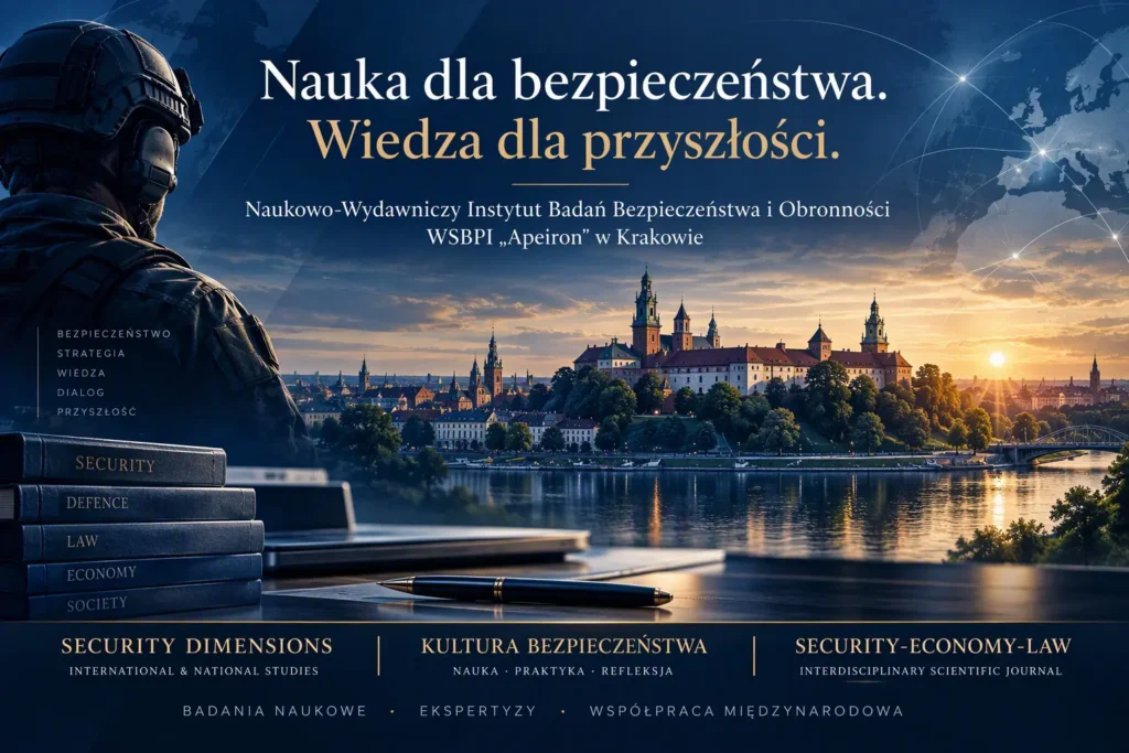 Baner Naukowo-Wydawniczego Instytutu Badań Bezpieczeństwa i Obronności WSBPI „Apeiron” w Krakowie przedstawiający panoramę Krakowa z Zamkiem Królewskim na Wawelu, motywy bezpieczeństwa i współpracy międzynarodowej oraz nazwy czasopism naukowych: Security Dimensions, Kultura Bezpieczeństwa i Security-Economy-Law.