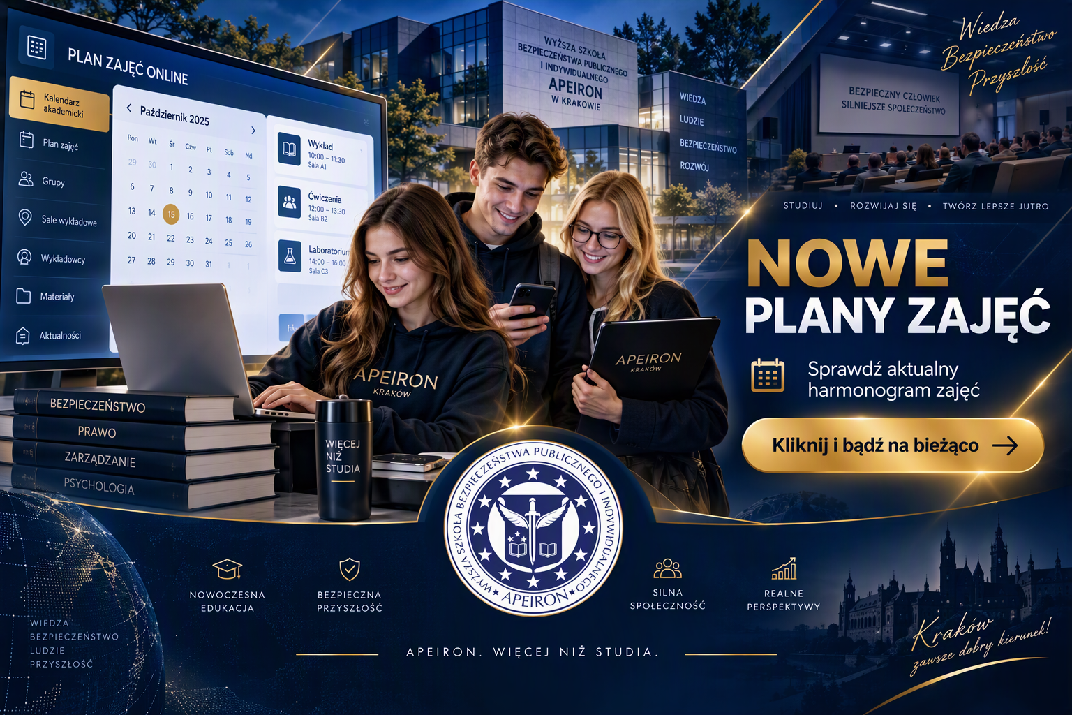 Nowe plany zajęć w Wyższej Szkole Bezpieczeństwa Publicznego i Indywidualnego Apeiron w Krakowie. Studenci korzystający z harmonogramu zajęć online na laptopie i smartfonie.