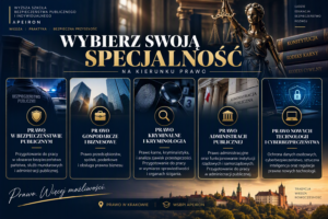 Grafika prezentująca specjalności dostępne na kierunku Prawo w WSBPI Apeiron.