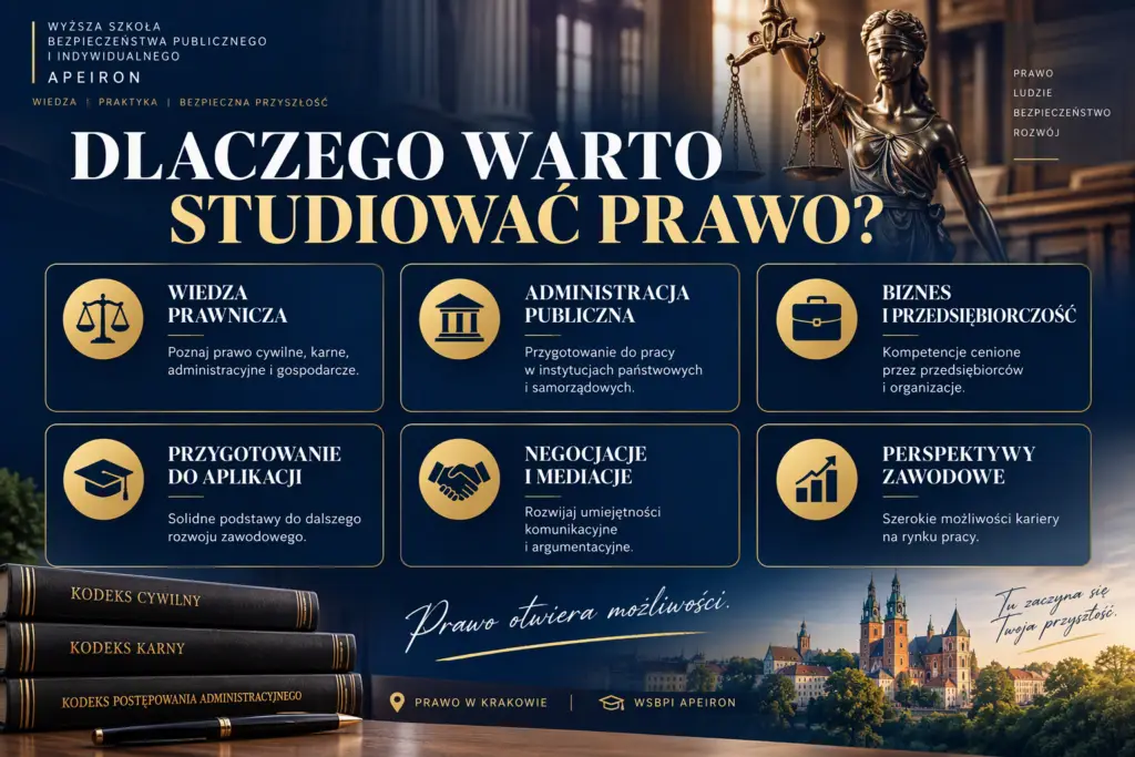 Infografika przedstawiająca najważniejsze korzyści studiowania prawa w Krakowie.