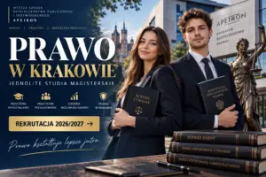 Studenci kierunku Prawo na tle nowoczesnego kampusu uczelni. Rekrutacja na jednolite studia magisterskie Prawo w Krakowie.