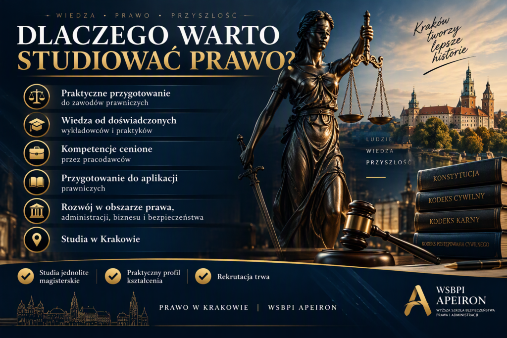 Infografika przedstawiająca korzyści studiowania na kierunku Prawo w WSBPI Apeiron w Krakowie.