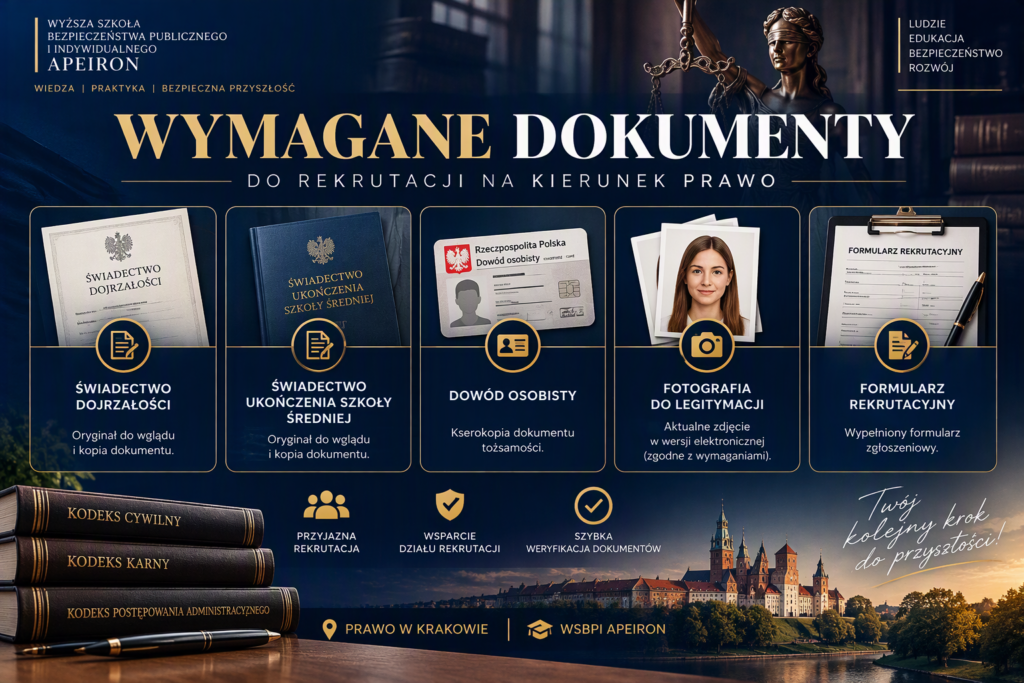 Dokumenty wymagane podczas rekrutacji na kierunek Prawo w WSBPI Apeiron: świadectwo dojrzałości, dowód osobisty, fotografia do legitymacji studenckiej oraz formularz rekrutacyjny.
