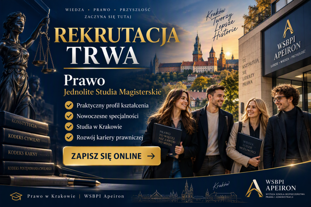Baner rekrutacyjny kierunku Prawo w Krakowie zachęcający do zapisów na studia